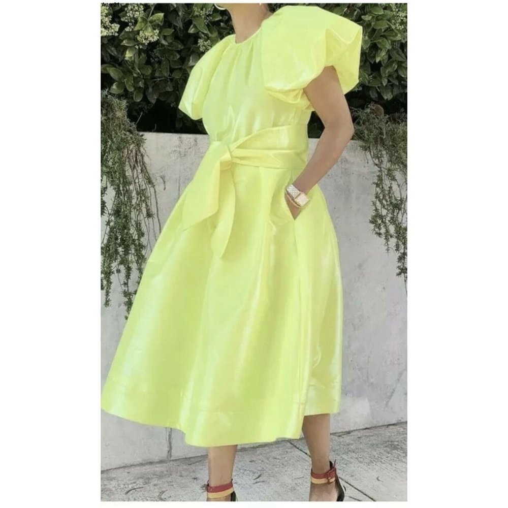 Christopher Rogers Woman Yellow Midi Dress XS Volume Iridescent Puff Sleeve New - Picture 14 of 15